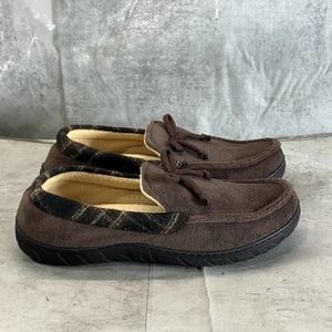 Totes Toasties Men's Brown Plaid Faux-Suede Memory Foam Moc-Toe Slippers SZ 9-10